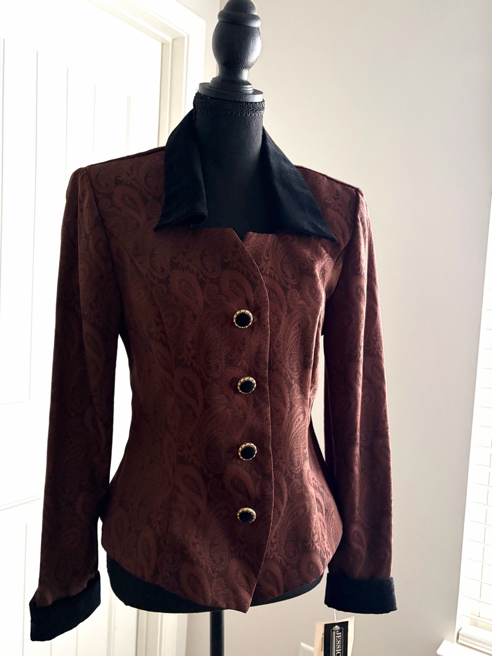 Deadstock NWT 90s Jessica Howard Brown Paisley Jacquard Blazer with Black Collar